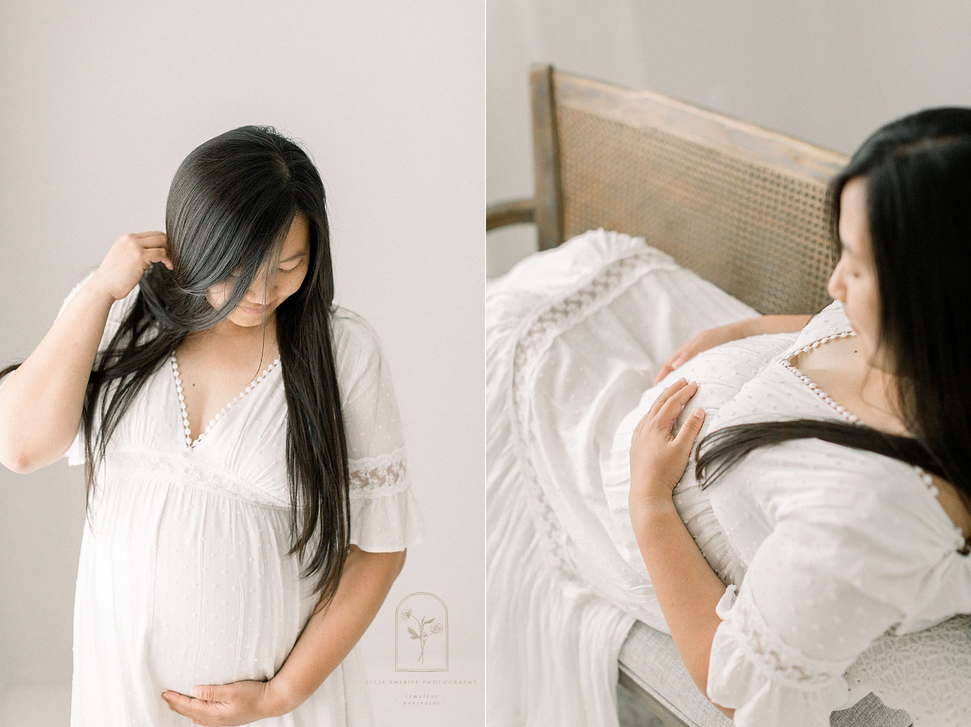 Utah Maternity photos in white studio with white dress