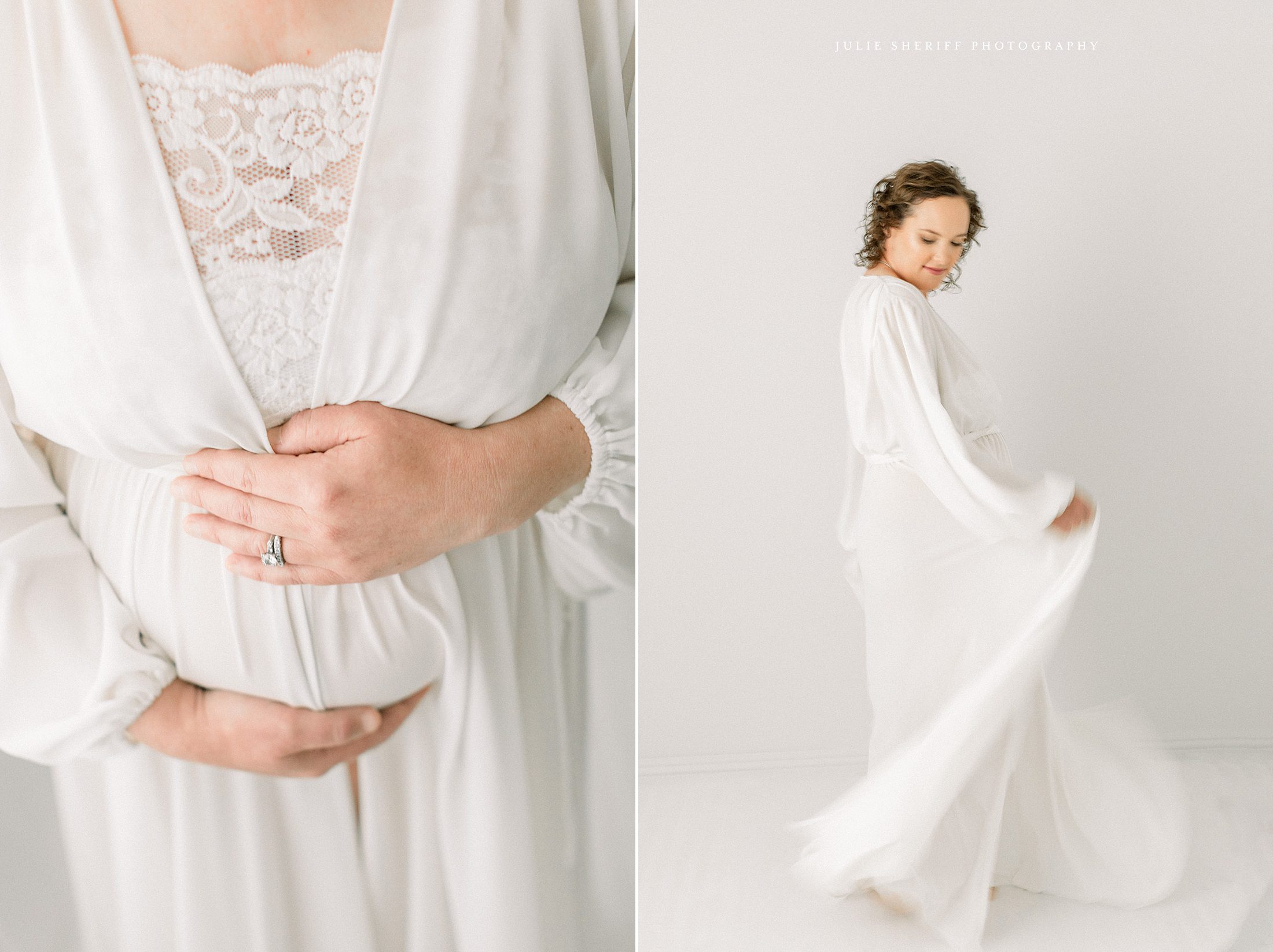 maternity session in a white studio with white gown and lace