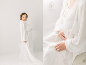studio maternity session in white robe