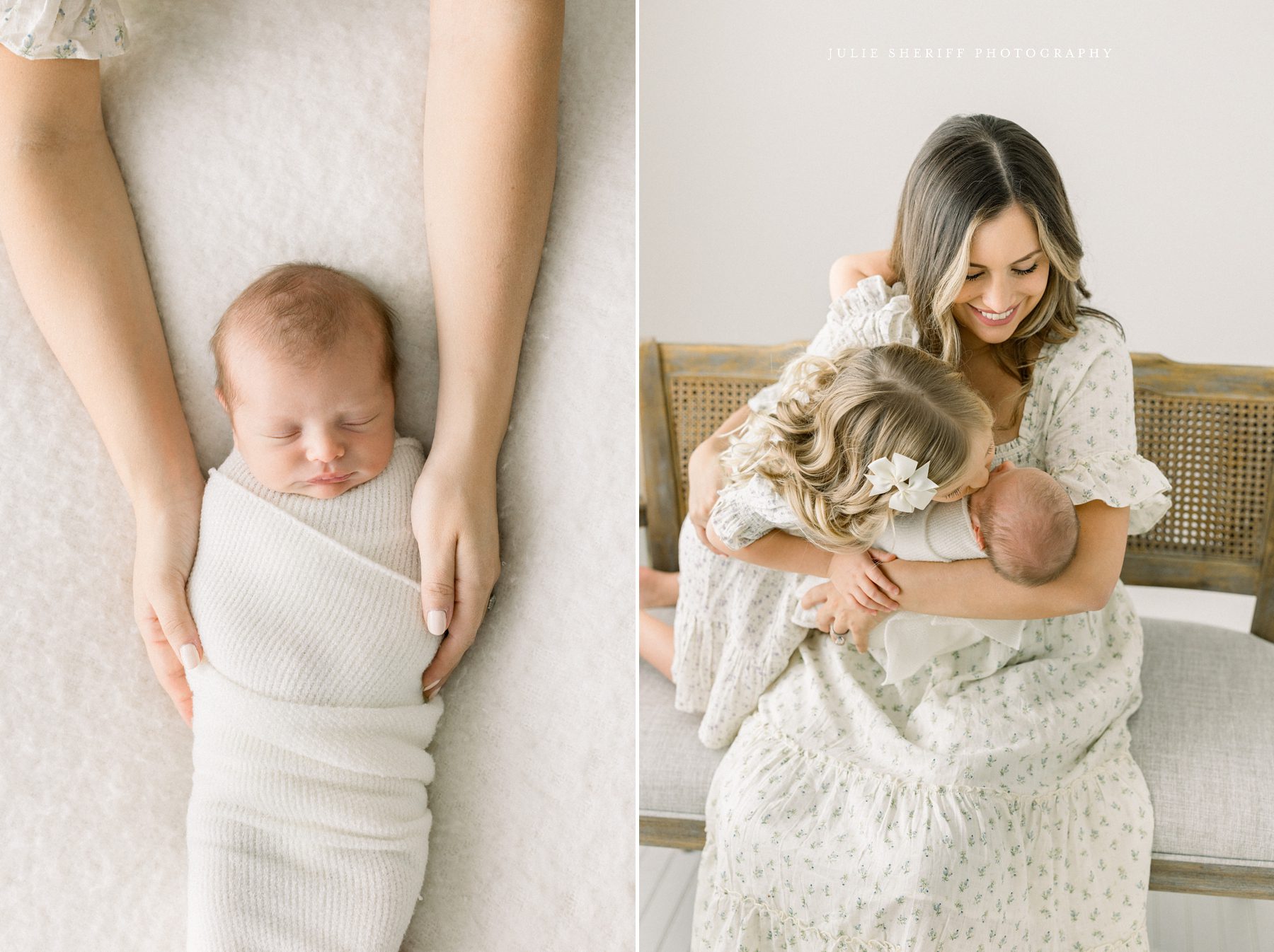 Planning your newborn sessions, mom holding newborn baby, big sister kisses newborn baby brother 